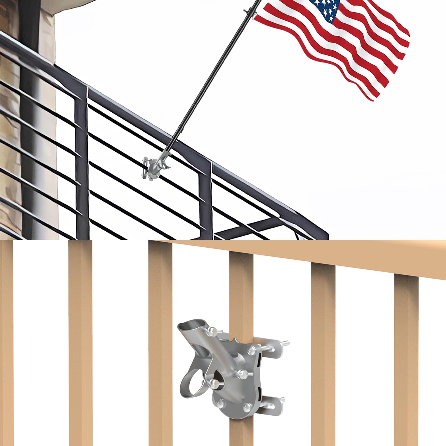 Photo 1 of NO Drilling FlagPole Bracket For Horizontal or Vertical Railing | Aluminum Flag Pole Holder For Square or Round Railing, Wall - Two Installation Methods - Rust Free Bracket, for 1" Diameter flagpole