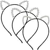 WHAVEL 3 Pcs Cat Ears Headband, Fabric & Rhinestone Cat Headband - Hair Accessories for Women, One Size Fits All, Perfect for Halloween, Cosplay, Party Supplies, Hair Styling, Costume Ball, Gift