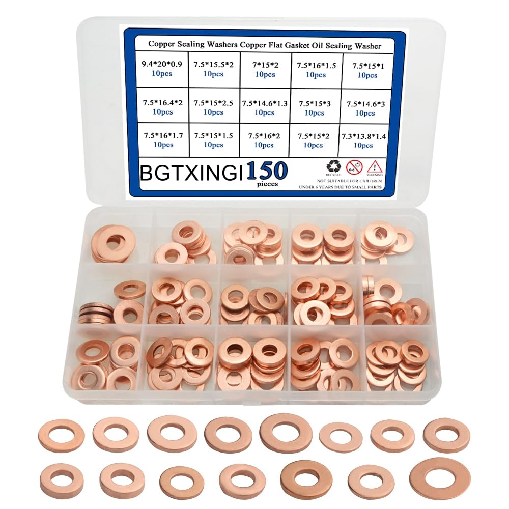 BGTXINGI 150Pcs 15 Kinds Copper Sealing Washers Copper Flat Gasket Oil Sealing Washer Box