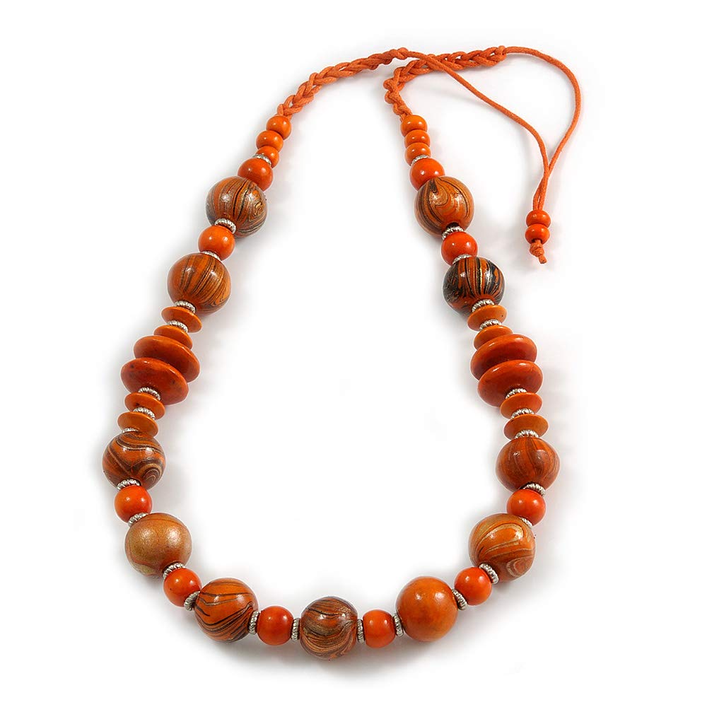 Avalaya Orange/Black Wood Bead Cotton Cord Necklace - 80cm Max Length - Adjustable