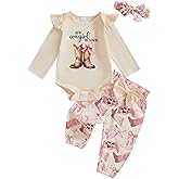 PUHHAPIEY Western Newborn Baby Girl Fall Winter Clothes Cowgirl Ruffle Long Sleeve Romper + Jogger Pant 3Pcs Outfit Set