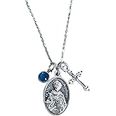 St. Thomas Aquinas Necklace – Silver Oxidized Medal with Cross and Birthstone – Stainless Steel Chain Catholic Religious Gift for Men, Women, Students & Teachers