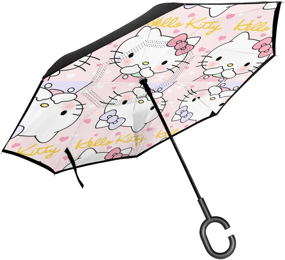 Double Layer Inverted Umbrella With C-Shaped Handle - Hello Kitty Reverse Windproof Umbrella UV Protection Upside Down Umbrella
