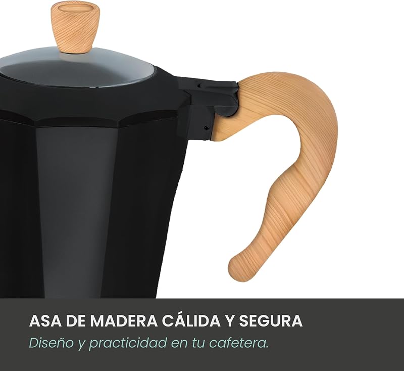 - Cafetera Italiana Eléctrica 6 Tazas | Línea Nature | Base giratoria 360º | Sistema “Siempre Caliente” | Apagado automático | Asa toque frío | Tapa transparente | Color negro