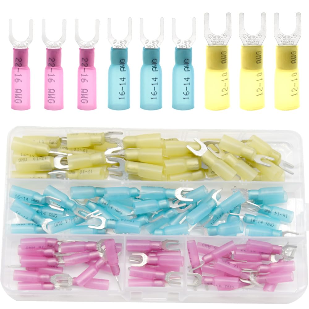 Yosawo 100 Pieces Heat Shrink Fork Wire Connectors, Insulated Quick Disconnect Electrical Crimp Connectors Terminals Kit 22-10 Gauge #10
