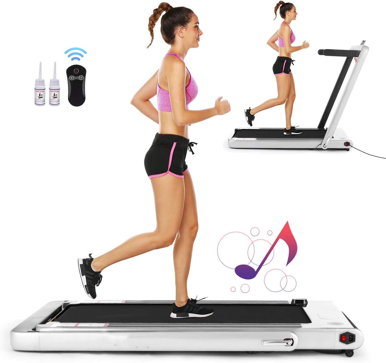 FUNMILY 2 in 1 Folding Treadmill, 2.25HP Under Desk Electric Treadmill, Installation-Free, with Bluetooth Speaker, Remote Control and LED Display, Walking Jogging Machine for Home/Office Use (Silver)