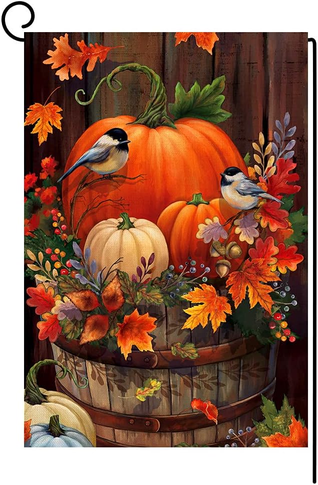 Flags - BLKWHT Fall Thanksgiving Pumpkin Small Garden Flag 12x18 Inch Vertical Double Sided Autumn Watercolor Bird Burlap Yard Outdoor Decor BW044