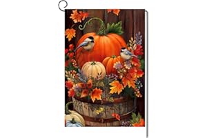 BLKWHT Fall Thanksgiving Pumpkin Small Garden Flag 12x18 Inch Vertical Double Sided Autumn Watercolor Bird Burlap Yard Outdoor Decor BW044