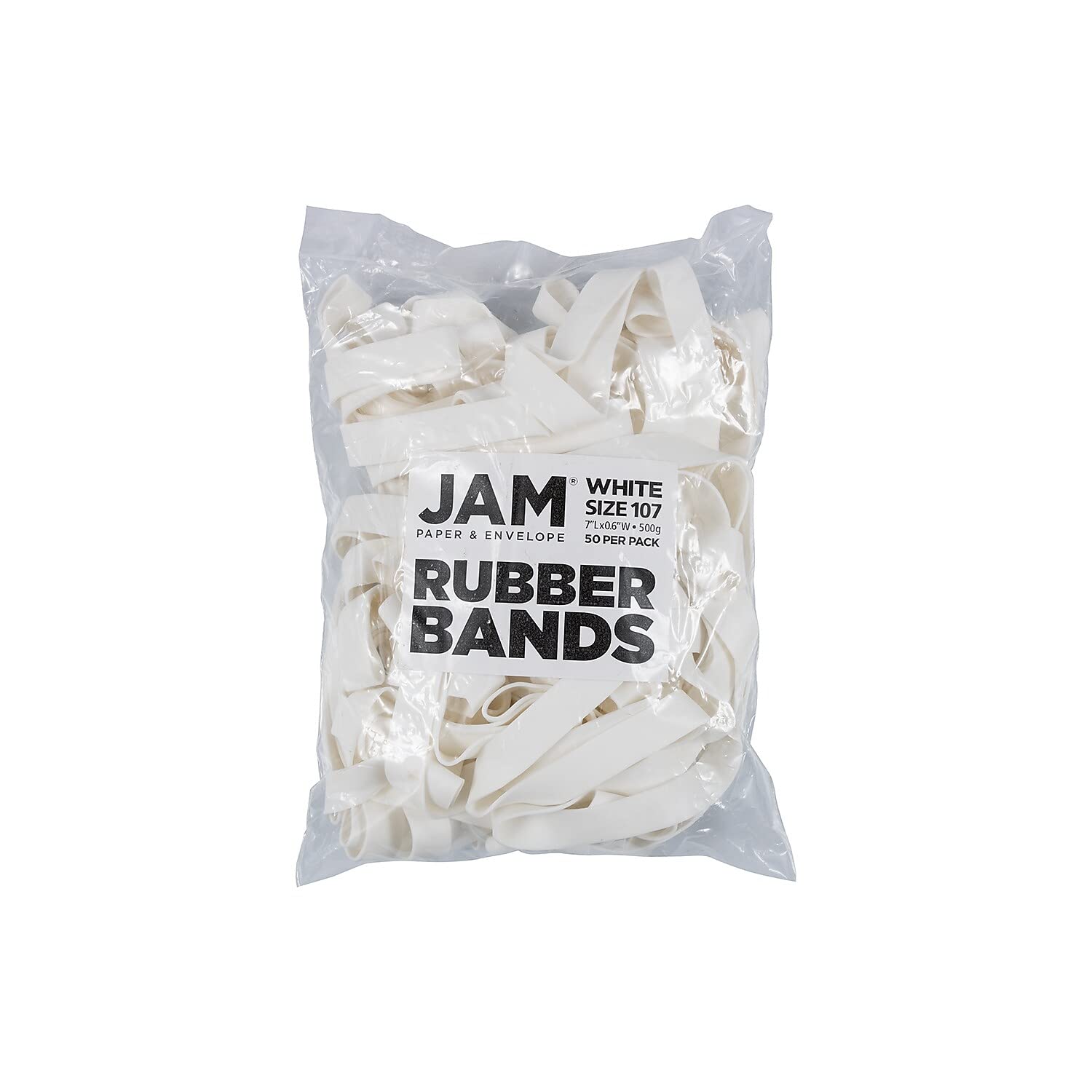 JAM PAPER Durable Rubber Bands - Size 107 - White Multi-Purpose Rubberbands - 50/Pack