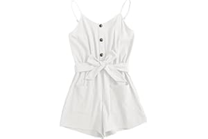 GAMISOTE Girls Romper Strappy Sleeveless Button Tie Front Jumpsuit With Pockets