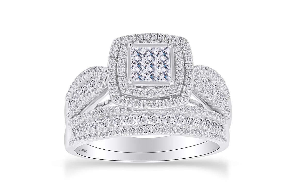 1 1/2 Cttw Womens Princess Natural Diamond Bridel Wedding Ring Band Set 14Kt Solid Gold (I-J Color, 
