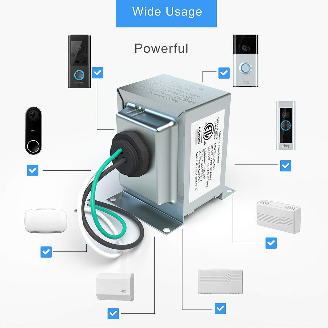 Doorbell Transformer 16V 30VA Hardwired Door Chime Transformer Compatible with Ring Video Doorbell Pro, Nest Hello Video Doorbell, ETL Certified - - 