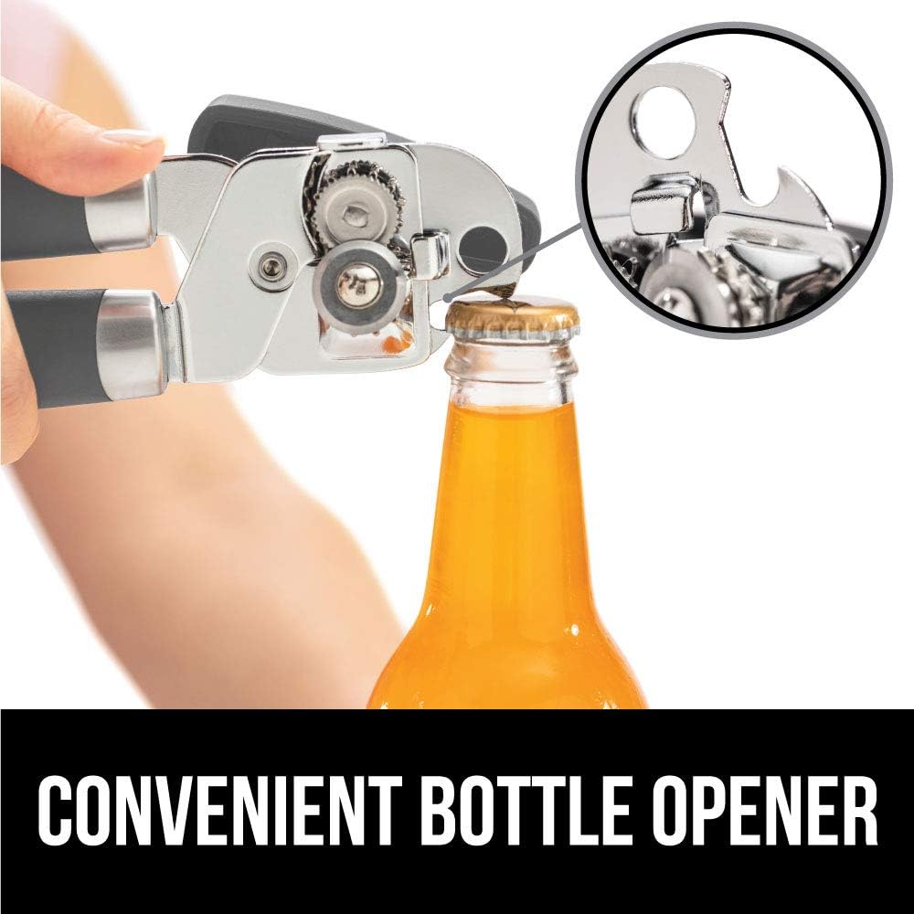 Gorilla Grip Manual Can Opener, Handheld Comfortable Grip, Oversized Easy Turn Knob, Built in Bottle Opener, Hangs for Convenient Kitchen Storage, Blades Easily Open Tin Cans for Smooth Edge, Gray: Kitchen & Dining
