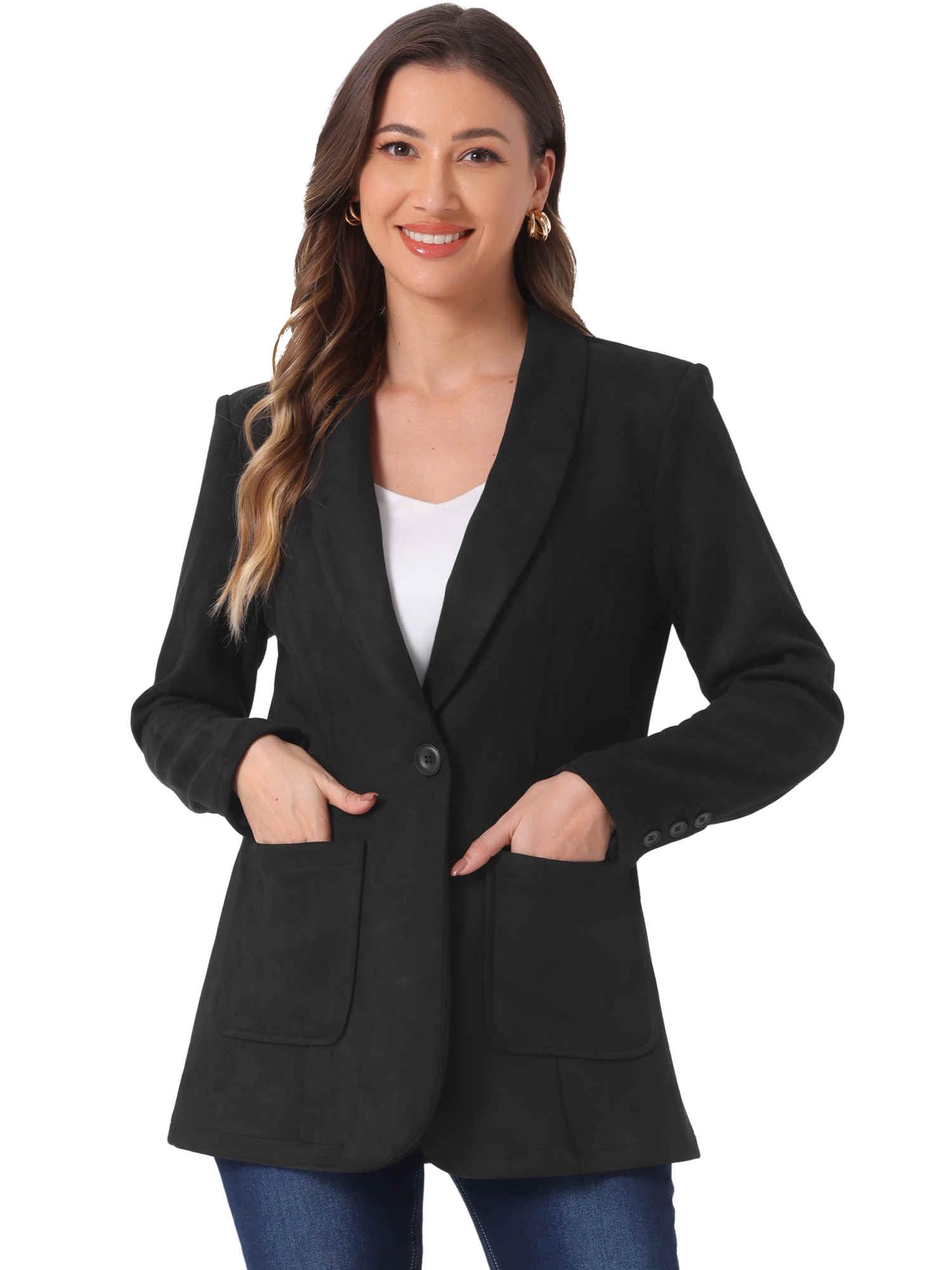 Photo 1 of Allegra K Faux Suede Blazer for Women's Lapel Collar One Button Dressy Suit Jacket Large Black