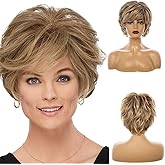 Kaneles Short Blonde Wigs for White Women Natural Layered Fluffy Wavy Full Synthetic Wigs(Dark Roots)