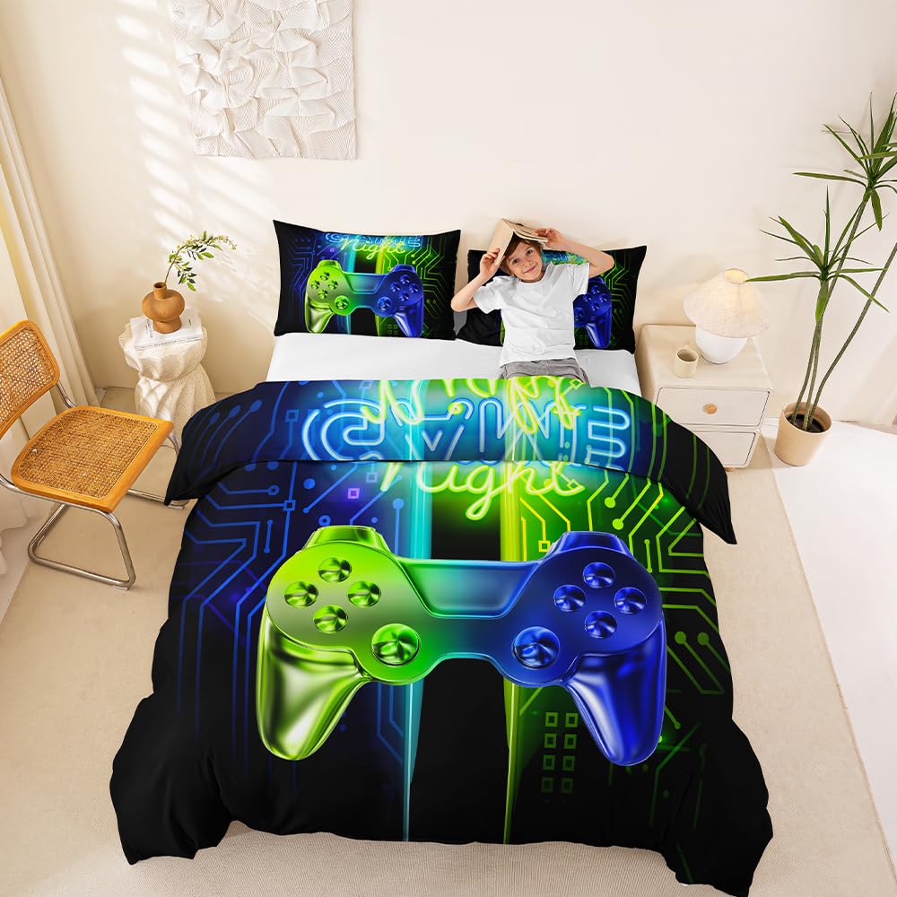 Loussiesd Kids Gaming Bedding Duvet Cover Boys Gamepad Video Game Comforter Cover Teens Bedroom Decor Microfiber Soft Modern Game Controller Games Duvet Cover Gradient Blue Green Bedspread,Double — image 1
