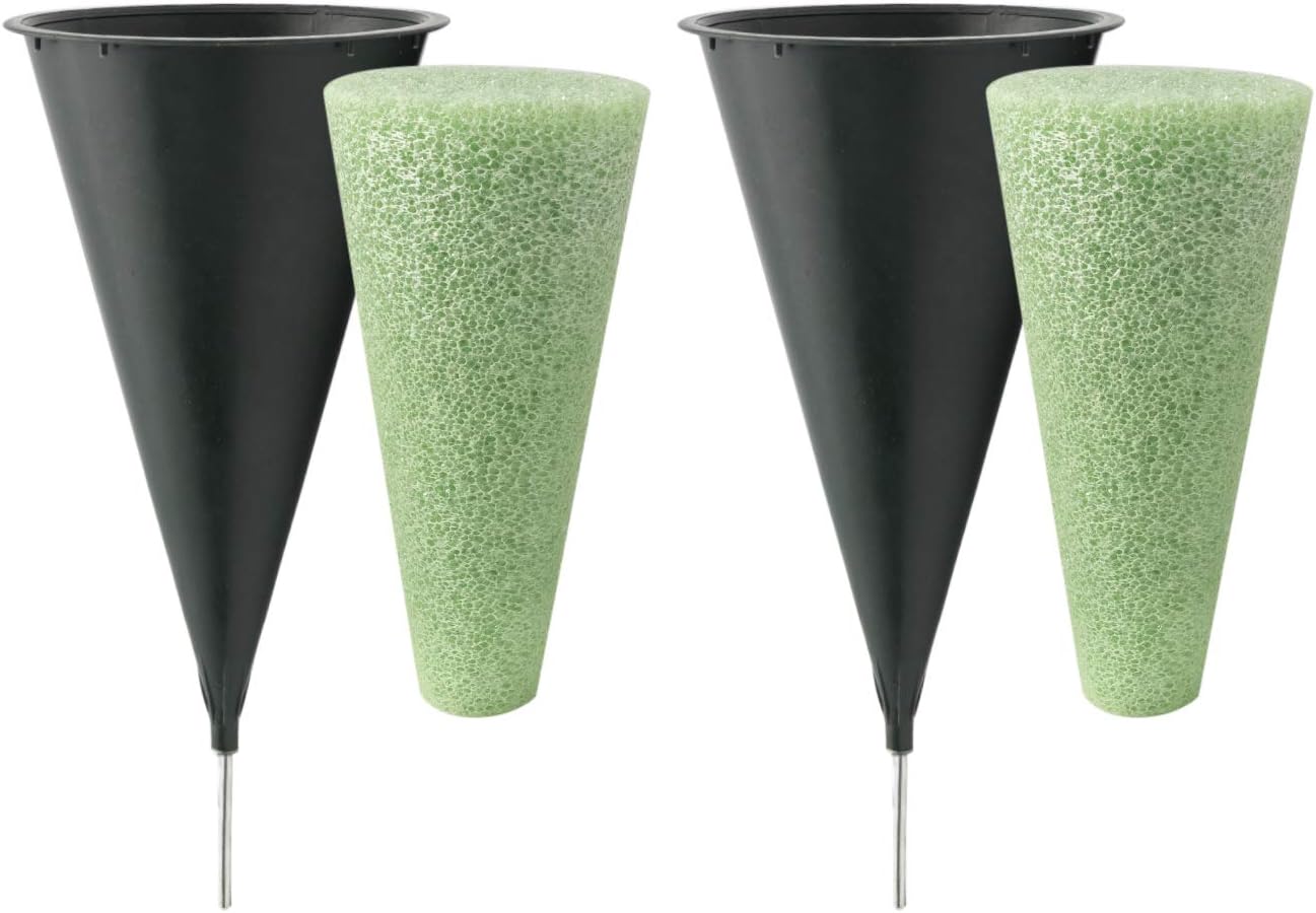 Decorative Garden Stakes - Royal Imports Grave Cones Flowers Holder Decorations for Cemetery, Outdoor Memorial Markers, Floral Vase Plastic Pot with Metal Ground Spikes/Stakes - with Foam, Set of 2