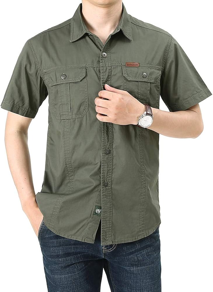 Men's Summer Casual Short Sleeve Cotton Denim Plain Solid Shirts,father