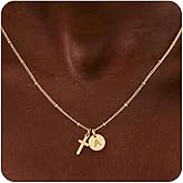 Turandoss Cross Initial Necklaces for Women Teen Girls, Dainty 14K Gold Plated Disc Initial A-Z Cross Pendant Necklace Trendy Faith Jewelry Birthday Valentines Easter Gifts for Women Girls