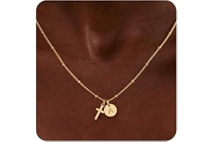 Turandoss Cross Initial Necklaces for Women Teen Girls, Dainty 14K Gold Plated Disc Initial A-Z Cross Pendant Necklace Trendy Faith Jewelry Birthday Valentines Easter Gifts for Women Girls