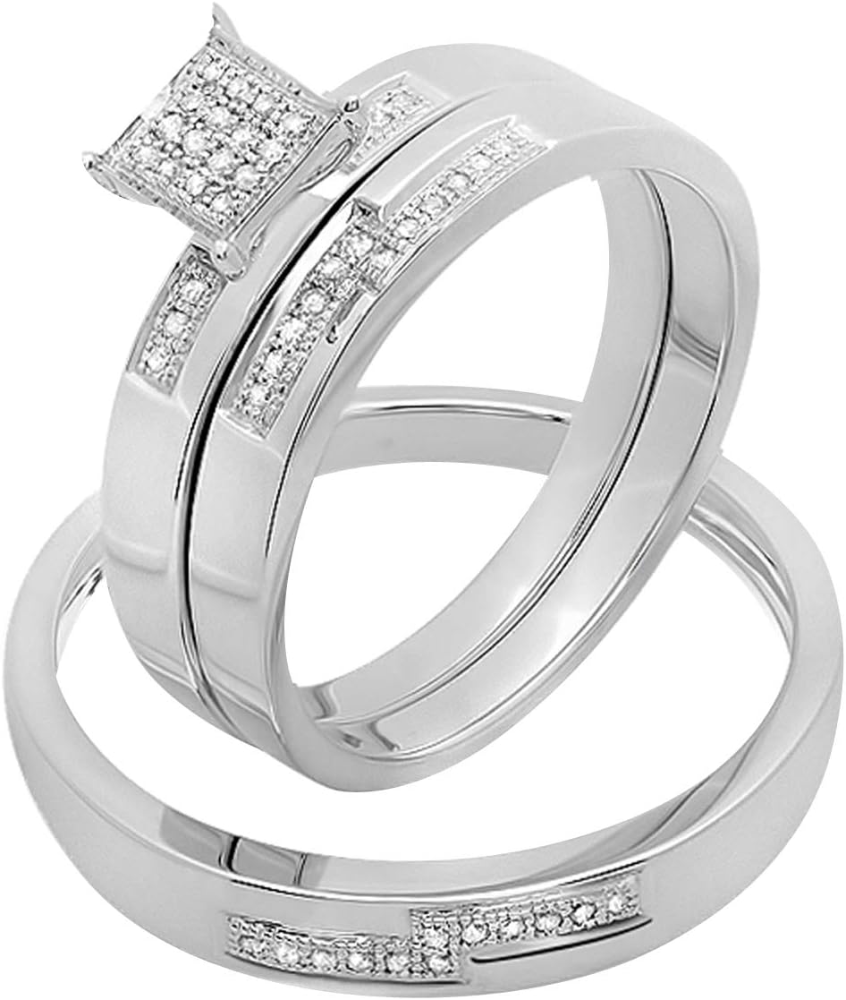Dazzlingrock Collection 0.15 Carat (ctw) Round White Diamond Men's and Women's Engagement Ring Trio Bridal Set, Sterling…