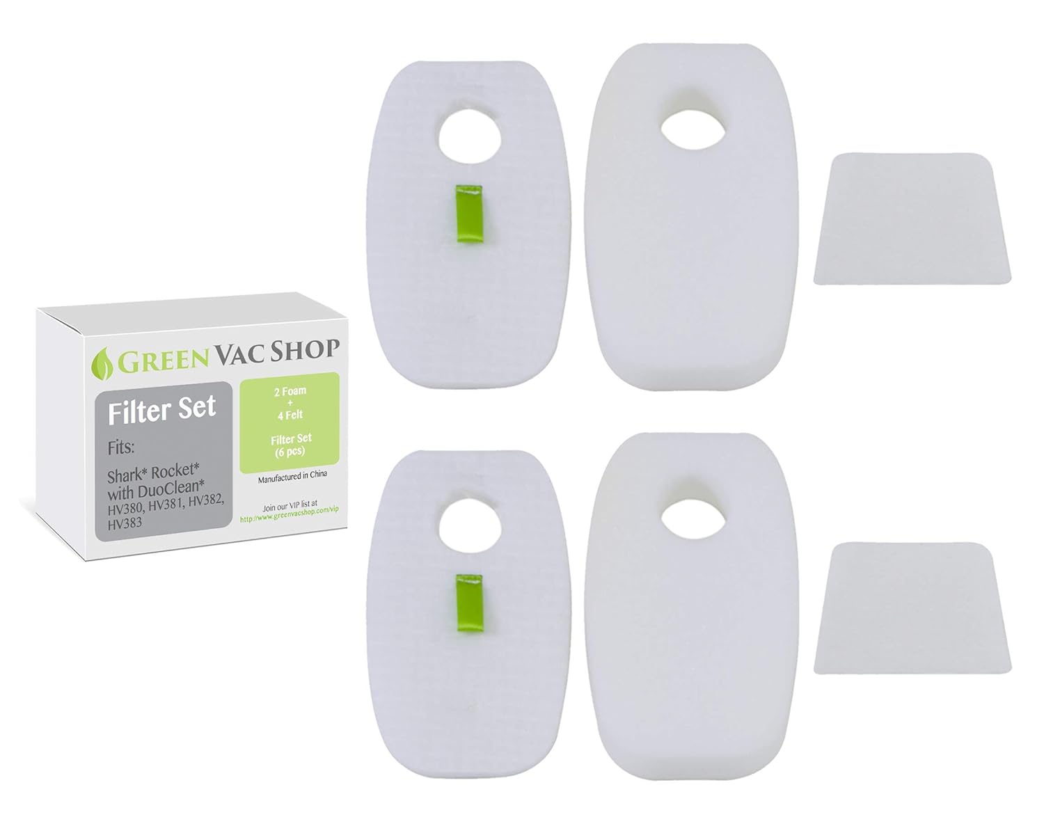 GreenVacShop 2-Pack Shark Rocket DuoClean HV380, HV380W, HV381, HV382, HV383, HV384Q Replacement Filter Set, 4 pre-Filters (2 Foam+2 Felt) and 2 Post-Filters, Replaces Shark Part# XFFH380 XPSTFH380