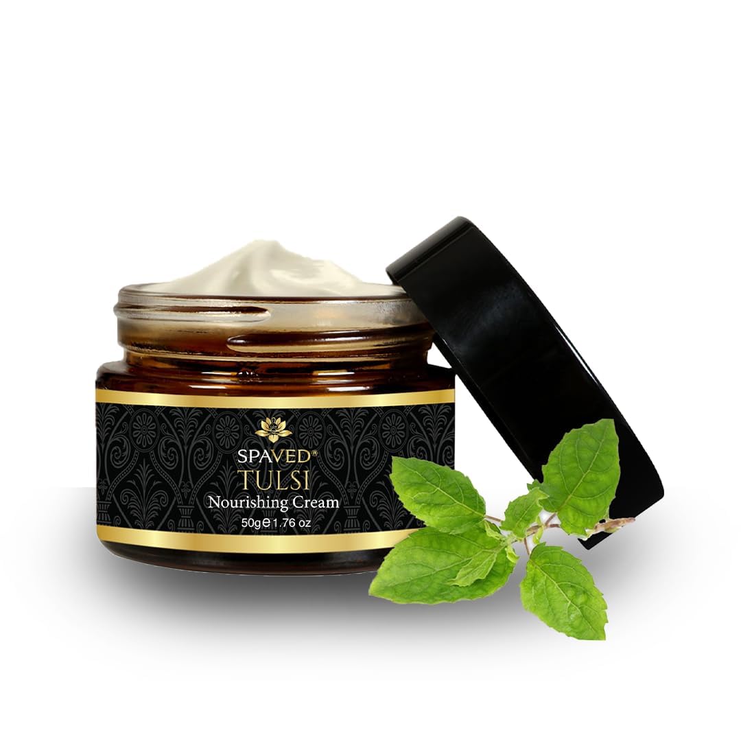 Spaved Tulsi (Holy Basil) Face Cream 50g - Nourishing Moisturiser with Shea Butter, Aloe Vera & Vitamin E - Supports Dry, Mature Skin Herbal Night Cream for Radiant Glow