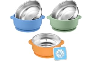 OKAY ORANGE 3 Pack Stainless Steel Toddler Suction Bowls for Baby Plates, 2-in-1 SUS304 Toddlers Bowl & Removable Silicone Suction Kids Bowl for Cereal | Snack | Anti-Scald Non-Toxic Suction Bowls