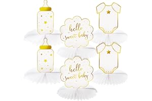 Sparkle and Bash Hello Sweet Baby Table Centerpieces, Honeycomb Gender Neutral Baby Shower Decorations (White and Gold Foil, 6 Pack, 3 Designs)
