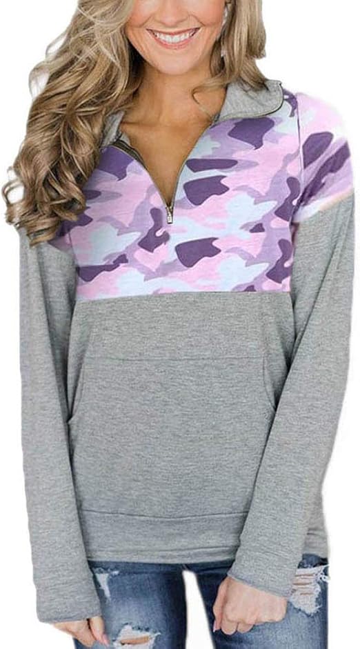 Women 1/4 Zip Pullover Camouflage Sweatshirt Color Block Shirts Casual