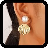 Allereyae Boho Scallop Shell Earrings Pearl Ear Jacket Earrings Sea Scallop Earring Gold Shell Pearl Earring Summer Beach Jewelry for Women
