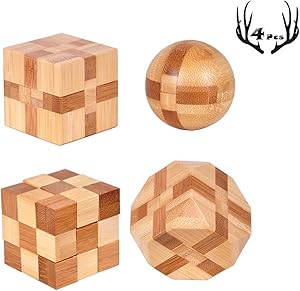4 Pack Wooden Puzzle Games Brain Teasers Toy- 3D Puzzles for Teens and Adults - Wooden Logic Puzzle Wood Snake Cube Magic Cube Magic Ball Brain Teaser Intellectual Removing Assembling Toy