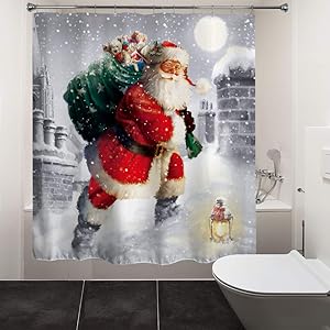 HIYOO Christmas Santa Claus Shower Curtain with Hooks, Xmas New Year Home Decorations Winter Bathroom Decor Waterproof Polyester Fabric Shower Curtain - Happy Santa Gift-Giving 72