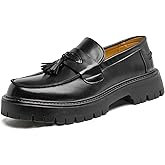 Men's Black Patent Leather Platform Loafers Slip-On Dress Shoes with Tassel, Non-Slip Lug Sole Round Toe Penny Formal Shoes for Business Work & Daily