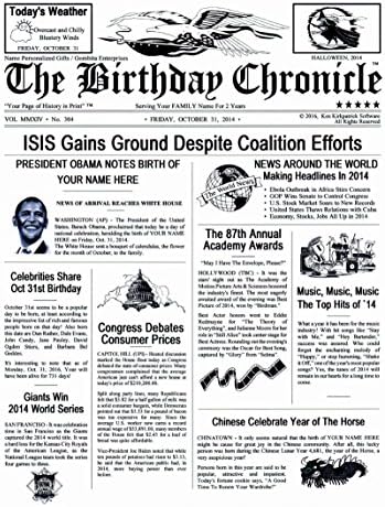 THE BIRTHDAY CHRONICLE (MAIL) 8.5x11 or 11x14 White or 2 Parchment BkGrds "Customize When Ordering" What Happened On Your Birthday Newspaper (Photo Paper 8.5 x 11 inch, Matte White Background)
