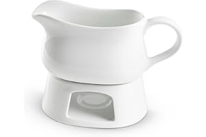 Kook Gravy Boat & Warmer, Ceramic Serving Dish, Dispenser with Warmer for Sauces, Dressings and Creamer, Large Handle, Microwave and Dishwasher Safe, 17oz, White