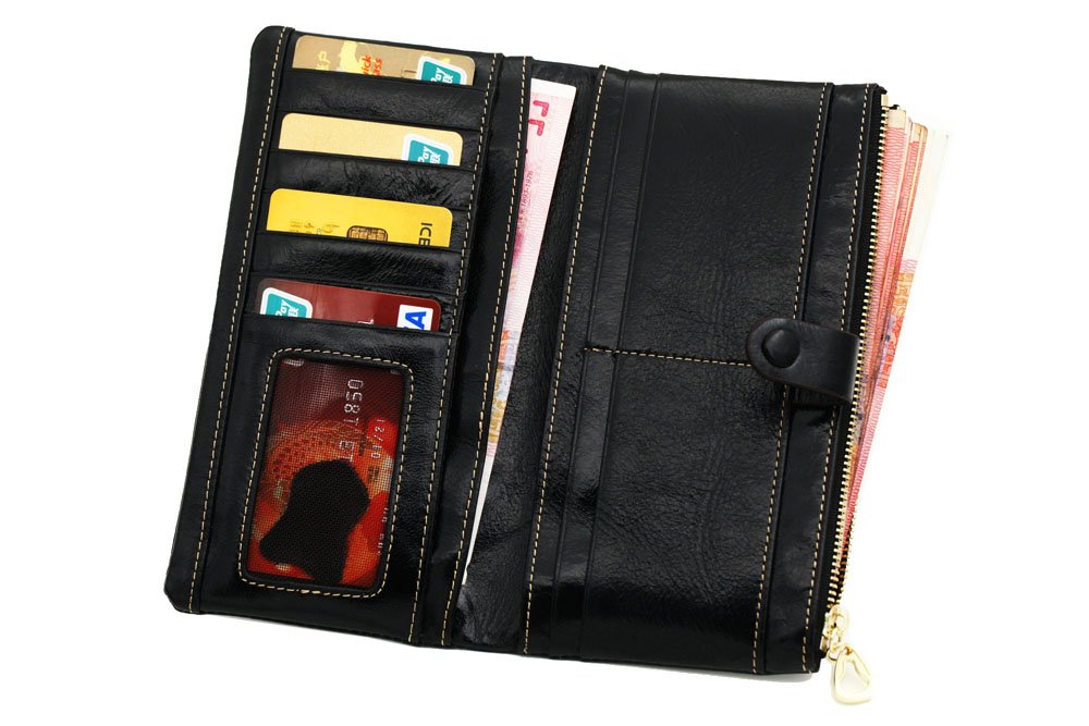 Luxury Fshion Women\'s Genuine Leather Long Zipper Wallet Ladies Clutch Purse Black