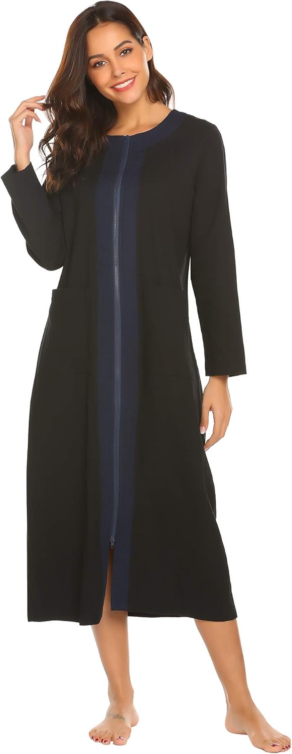 Ekouaer Women's Long Robe Zipper Front Long Sleeve Loungewear with 2