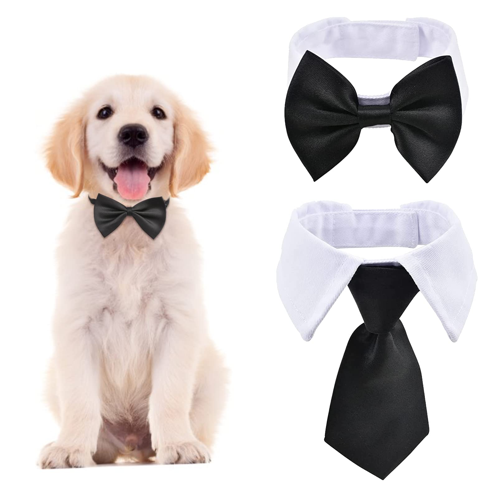 URROMA White and Black Pet Bow Tie, 3 Pcs Adjustable Dog Neck Tie Formal Dog Tuxedo Costume Neck Collar for Dogs and Cats, S