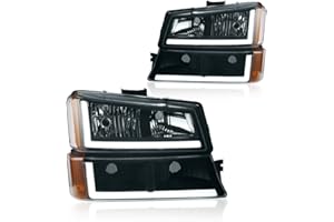 DimFlux LED DRL Headlight Headlights Assembly Kit Compatible with 2003-2006 Chevy Silverado/2003-2006 Avalanche Fit Models without Factory Cladding ONLY Headlamp Black Housing Amber Reflector