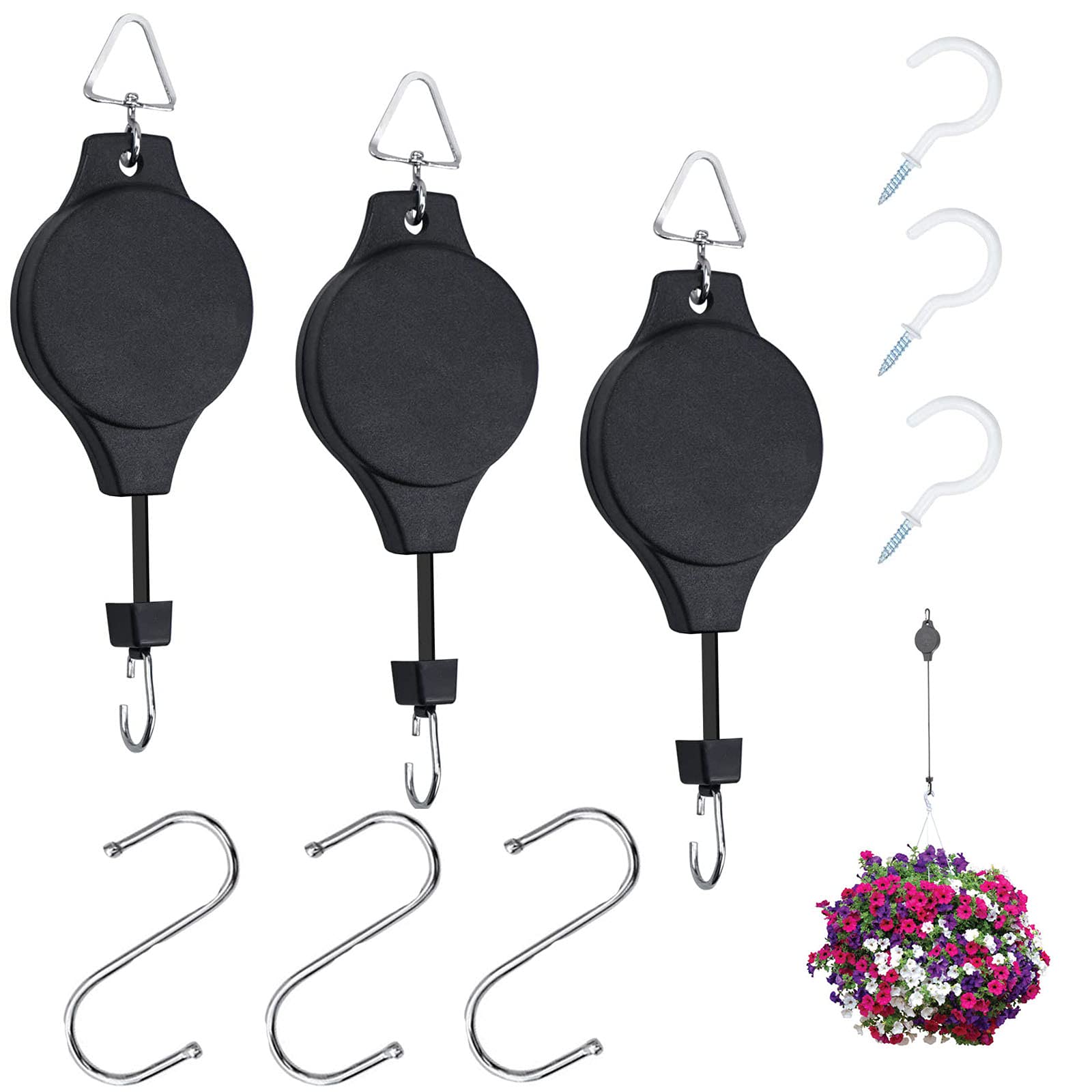 LLGLEU 3 Pcs Hanging Basket Pulley, Retractable Plant Hangers with 3Pcs White Ceiling Hooks and 3Pcs S Hooks for Garden Hanging Baskets Pots Birds Feeder Plant Grow Light (Style 1)