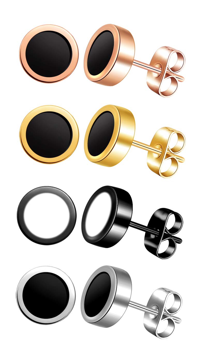 Stainless Steel Round Stud Earrings for Men Women - Silver Black/Gold Black/Rose Gold Black/Black White 4 Pairs Set