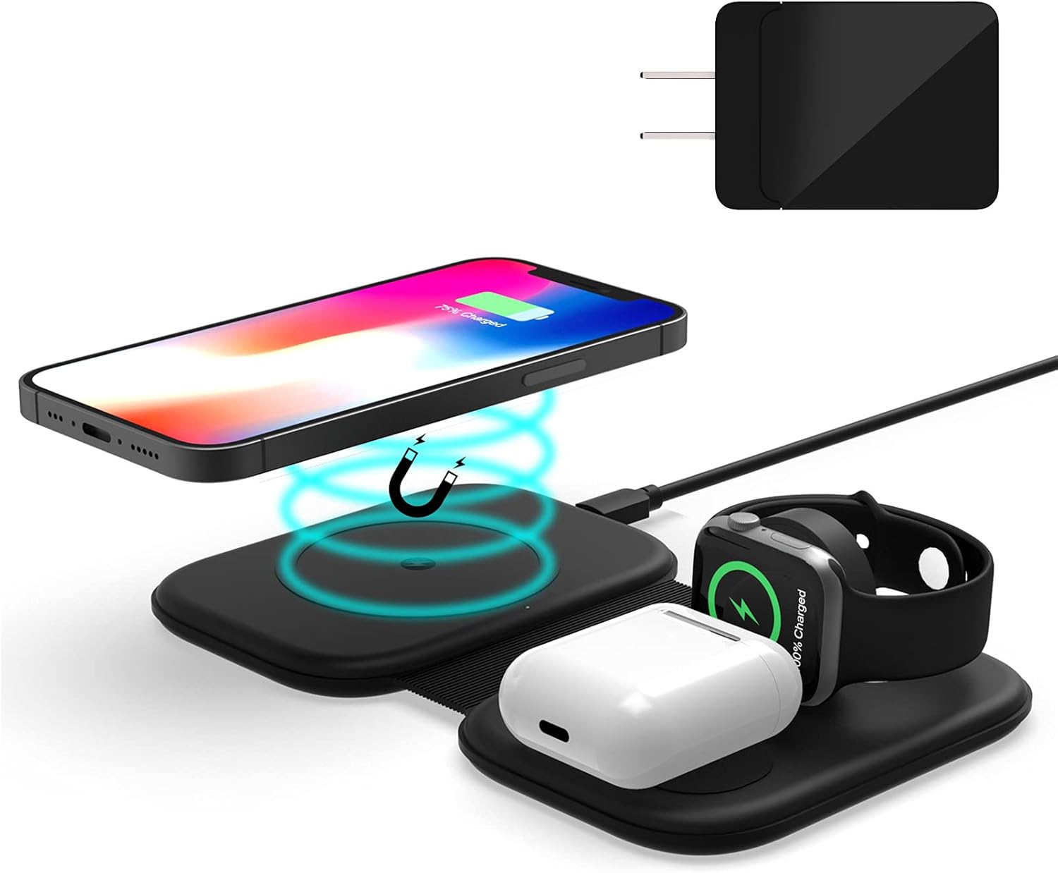 Wireless Charging Pad, FACEVER 3-in-1 Magnetic Wireless Charger for iPhone 12 11 Models/XS/X/XR/SE 2/Apple Watch Series/Airpods Pro, Fold Charging Station Dock Compatible for Apple Magsafe Accessories