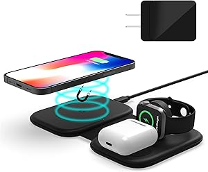 Wireless Charging Pad, FACEVER 3-in-1 Magnetic Wireless Charger for iPhone 12 11 Models/XS/X/XR/SE 2/Apple Watch Series/Airpods Pro, Fold Charging Station Dock Compatible for Apple Magsafe Accessories