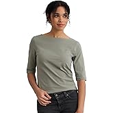 Fair Indigo Women's Organic Pima Cotton Half Sleeve Boat Neck Top