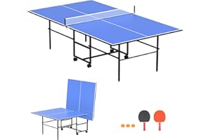 DUDUSHIMAN 9FT Mid-Size Table Tennis Table, Professional Foldable Ping Pong Table for Indoor & Outdoor with Net, 2 Table Tennis Paddles and 3 Balls - Perfect for Family Game Rooms