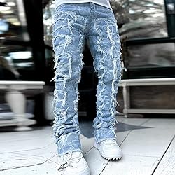 Kodaruber Mens Stacked Jeans Slim Fit Ripped Skinny