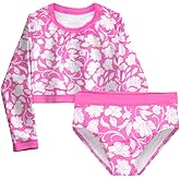 Tommy Bahama Girls 2-Piece Swimsuit Set, Cropped Long-Sleeved Rash Guard and Bikini Bottoms, Quick-Drying Swimwear for Kids
