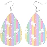 Zokola Unicorn Leather Earrings Teardrop Earring Set, Cute White Unicorns Rainbow Stripes Lightweight Faux Leather Leaf Earrings Petal Drop Earrings For Women Friends