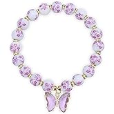 Beads Bow Vintage Charm Bracelet for Women,Crystal Butterfly Handmade Stretch Gold Beaded Bracelet,Dainty Romantic Bow Jewelry,Birthday Gifts,Blue and White Porcelain Jewelry